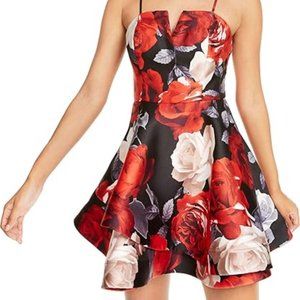 black, red, silver floral homecoming dress